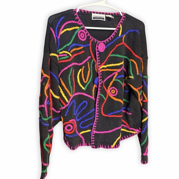 Contempo Casuals Sweaters - Rare Vintage 1980's Retro Contempo Casuals Art Cardigan With All Buttons W Med